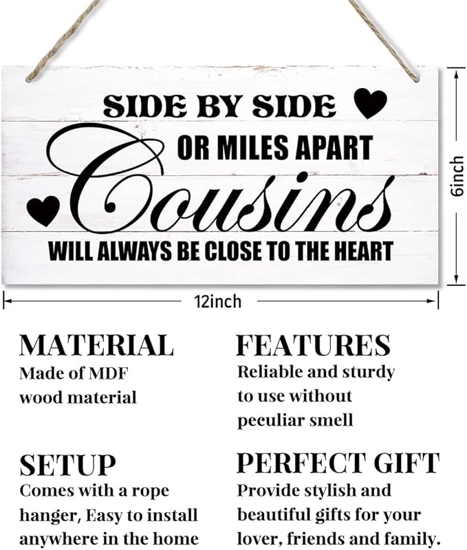 Side By Side Or Miles Apart Cousins Will Always Be Close To The Heart Decor Sign, Printed Wood Wall Art Sign, Cousins Wood Sign Wall Decor, Hanging Wood Sign Home Decorative, Gifts for Cousins 12x6 in-Ruum Studio Home