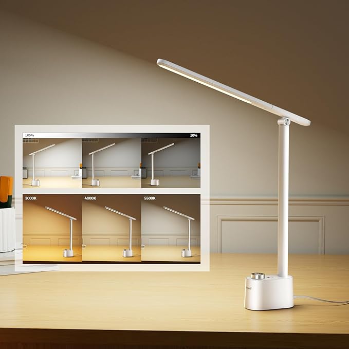 Honeywell Upgraded LED Desk Lamp - H01 Pro Sunturalux™ Foldable Desk Light with USB A+C Charging Port, 3 Color Modes Dimmable Table Lamp for Home Office Reading(White)-Ruum Studio Home