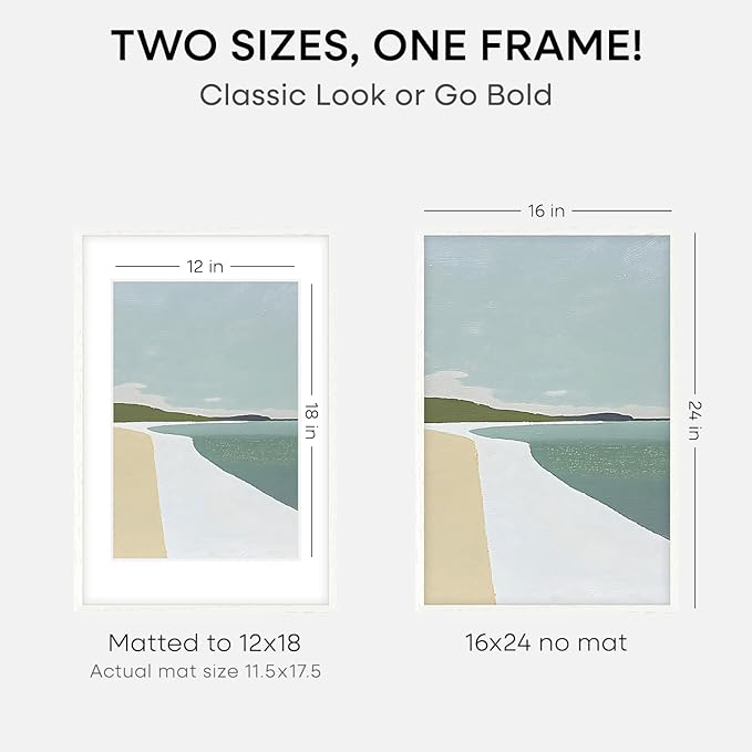 Homeforia White Picture Frame 16x24, High End Oak White 16x24 Frame with Mat 12x18 Photo, 16 x 24 Wooden Poster Frames Matted to 12 by 18, 24x16 Wood Hanging Frames, Tempered Glass, Wall Kit, Set of 1-Ruum Studio Home