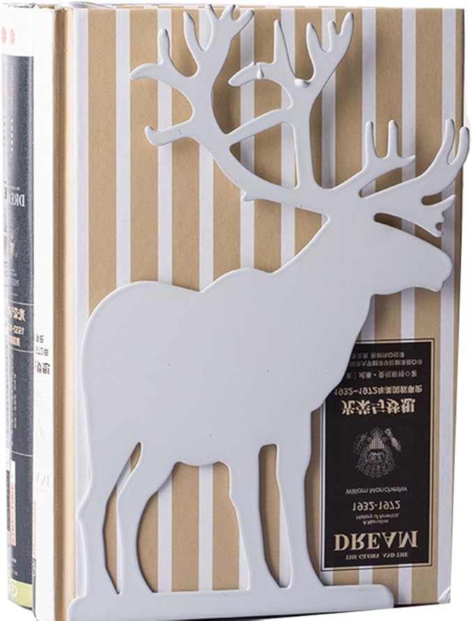 Winterworm Fashion Creative Cartoon Cute Iron Elk Moose Pattern Nonskid Metal Office Desk Bookends (White)-Ruum Studio Home