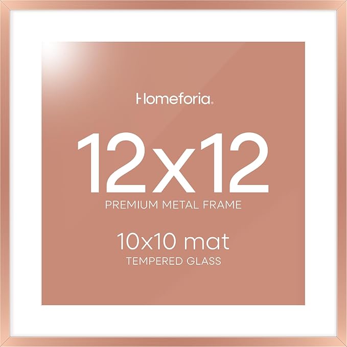 Homeforia 12x12 Picture Frame Rose Gold, High End Metal 12 x 12 Square Poster Frame with Mat 10 x 10 Photo, 12x12 Frame Matted to 10x10 Print, 12by12 Hanging Frames, Tempered Glass, Wall Kit, Set of 1-Ruum Studio Home