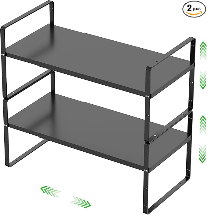Expandable Cabinet Storage Shelf Stackable Organizer Rack for Kitchen Bathroom Pantry Spice Cupboard Countertop Home Office Desk Heavy Duty Nonslip Black Small 2 Pack-Ruum Studio Home