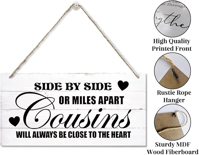 Side By Side Or Miles Apart Cousins Will Always Be Close To The Heart Decor Sign, Printed Wood Wall Art Sign, Cousins Wood Sign Wall Decor, Hanging Wood Sign Home Decorative, Gifts for Cousins 12x6 in-Ruum Studio Home