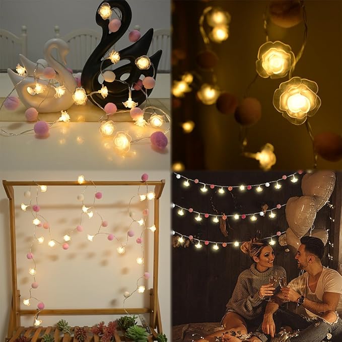 9.85Ft String Lights 20 Cute Pink Pompoms 20 LEDs Rose Fairy Lights Garland Battey Operated with Timer Flower Lights for Bedroom Kids Room Party Birthday Wedding Valentines Decorations-Ruum Studio Home