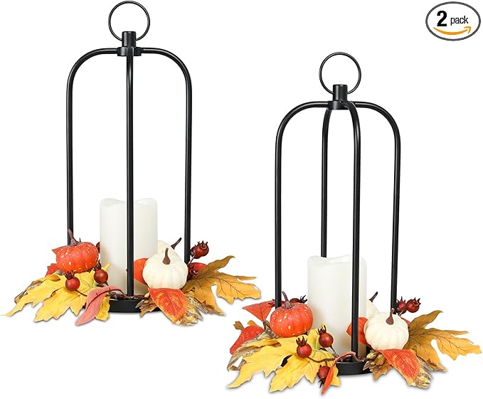 Fall Decor Lanterns Outdoor, 14" Waterproof Decorative Lantern Indoor Decor Metal Hanging Candle Holder LED Flameless Candle Lantern for Patio, Porch, 2 Packs-Ruum Studio Home