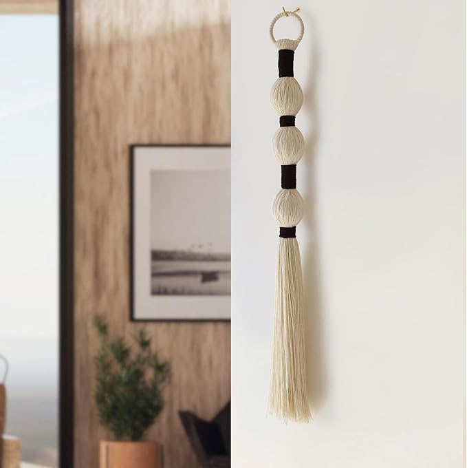 Macrame Wall Hanging Boho Wall Decor Small Sphericity Cotton Textile Tassel Hanging Fiber Yarn Art for Living Room Bedroom 27'' L x 2.3'' W-Ruum Studio Home