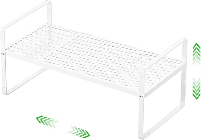 Expandable Cabinet Storage Shelf Stackable Organizer Rack for Kitchen Bathroom Pantry Spice Cupboard Coffee Countertop Home Office Desk Heavy Duty Nonslip White Small 1 Pack-Ruum Studio Home