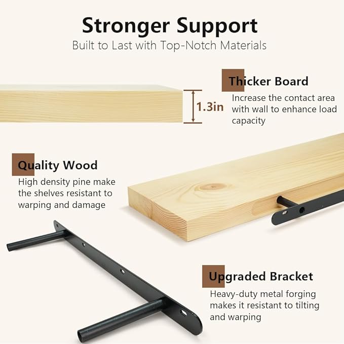Habudda Floating Shelves for Wall, Solid Pine Wood Shelf for Bathroom Bedroom Kitchen, Rustic Room Decor, Wall Mounted, 30 Inches Long, Set of 2, Natural-Ruum Studio Home