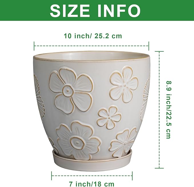 10 Inch Ceramic Planter Pot Large Plant Pot for Indoor Plants Outdoor Round Flower Pot with Drainage Hole and Saucer for Home Garden Decor White-Ruum Studio Home