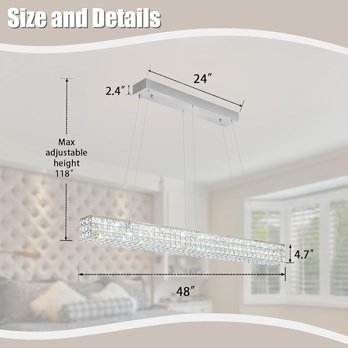W48 Modern Rectangular Crystal Chandeliers Dining Room Chandelier,Silver Pendant Light Fixture with Remote Control for Living Room Kitchen Island-Ruum Studio Home
