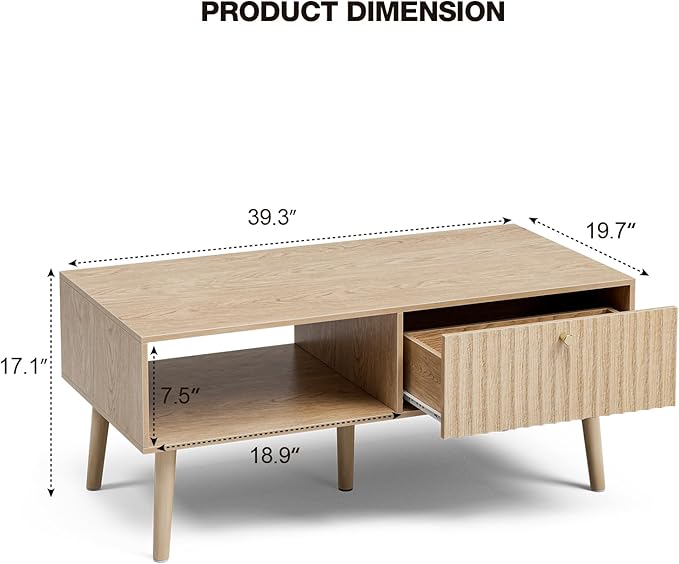 Coffee Table with Storage, Boho Dining Table with Fluted Drawer and Solid Wood Legs, Small Coffee Tables for Living Room, Oak-Ruum Studio Home