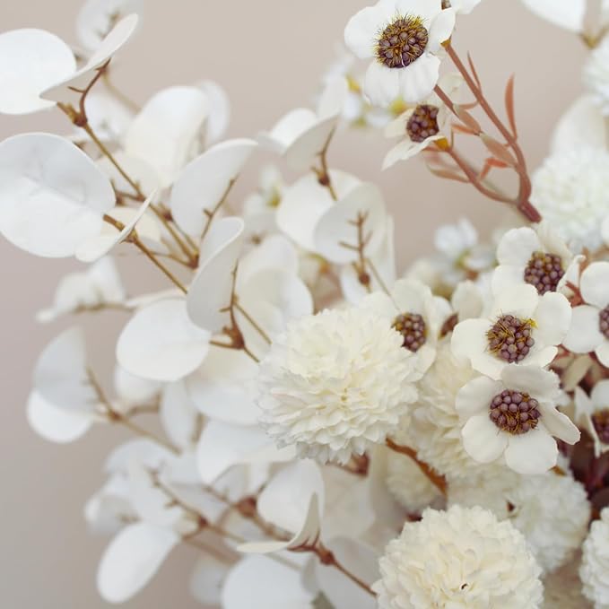 White Artificial Flowers Bulk for Vase That Look Real, White Flower Centerpiece for Table, Silk Floral for Home Decor Indoor, Faux Kiku + Eucalyptus Stems + Wildflowers, Flores Blancas Artificiales-Ruum Studio Home