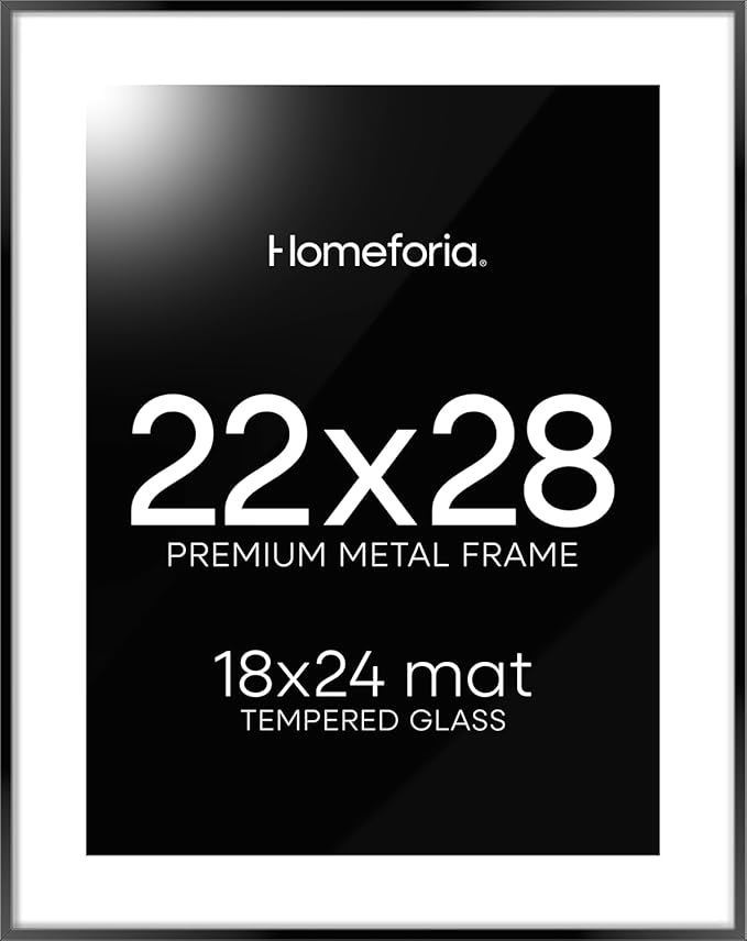 Homeforia 22x28 Poster Frame Black, High End Metal 22 x 28 Large Picture Frames with Mat 18 x 24 for Photo, 22x28 Thin Frame Matted to 18x24 inch Print, 28x22 Frame, Tempered Glass, Wall Kit, Set of 1-Ruum Studio Home