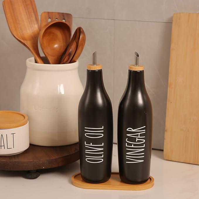 HOMCDALY Ceramic Olive Oil Dispenser for Kitchen, Stoneware 16oz Oil Cruet and Vinegar Bottles Dispenser, Kitchen Dispenser Bottle for EVOO Vinegar Syrups, Modern Farmhouse Design(B-O)-Ruum Studio Home