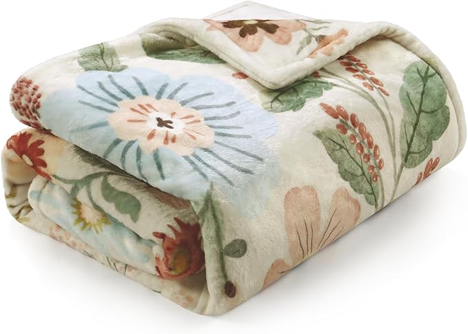 Lahome Floral Beige Soft Throw Blanket for Bed，Spring Botanical Aesthetic Blankets for Women Cute, Thick Warm Cozy Throws for Girls Sofa Chair Home Decor, Beige 50''x60''-Ruum Studio Home