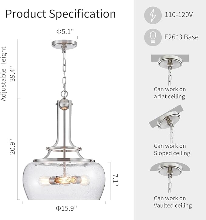 WUZUPS Chandelier Rustic Farmhouse Industrial Round Ceiling Pendant LED Light Fixture Clear Seeded Glass Shade for Dining Room Kitchen Island Foyer Entryway, H 20.9" x W 15.9", Brushed Nickel-Ruum Studio Home