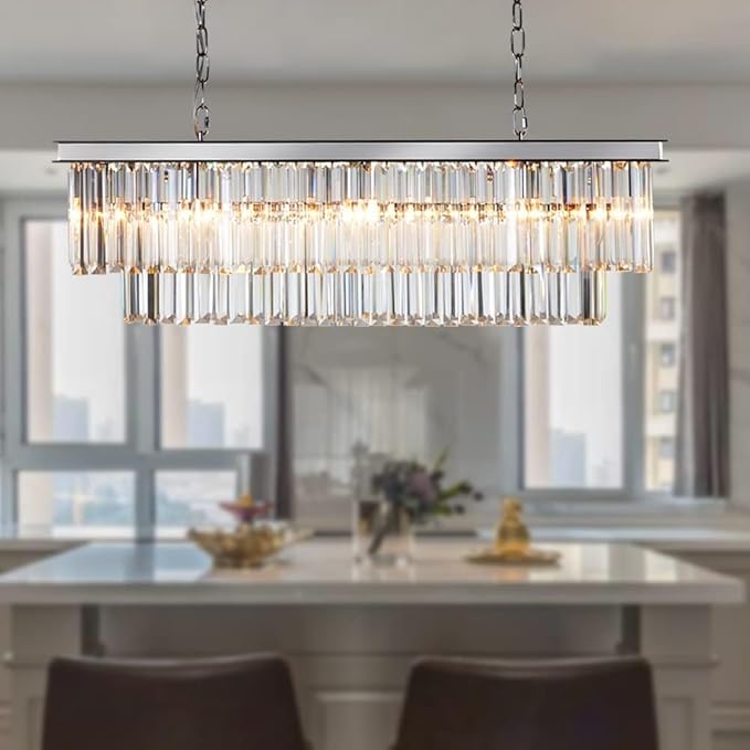 Luxury Chrome Rectangular Crystal Chandeliers Lighting Modern Pendant Ceiling Lights Rectangle Chandelier Lamp Fixture 8-Lights for Dining Room Kitchen Island-Ruum Studio Home