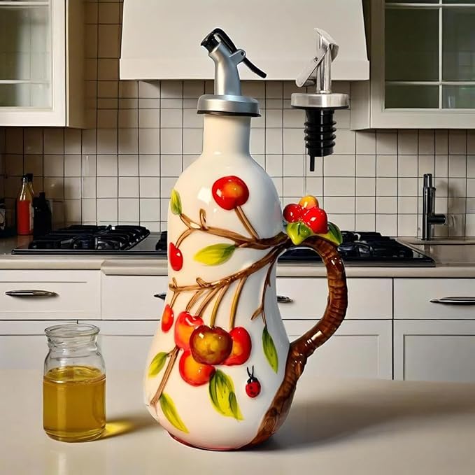 18 Oz Hand Painted Relief Ceramic Olive Oil Bottle Dispenser for Kitchen, Oil and Vinegar Bottle, Seasoning Bottle with Stainless Steel Nozzle, 540mL Oil Container with Handle for Cooking, Light Proof-Ruum Studio Home