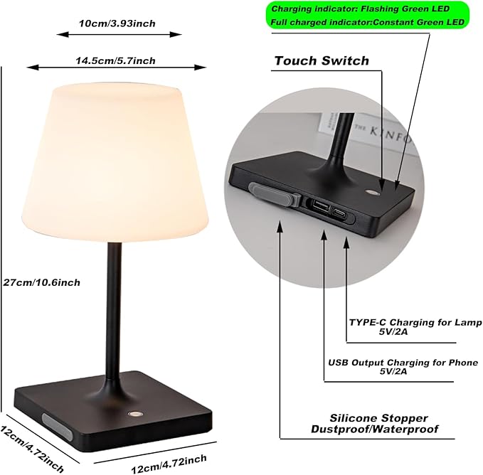 Outdoor Rechargeable Table lamp Cordless, Battery Operated Night Lights,Waterproof lamp for Shower,4000mAh LED 3 Colors Dimmable Touch Bedside Lamp for Coffee Shop Bath Patio -Black-Ruum Studio Home