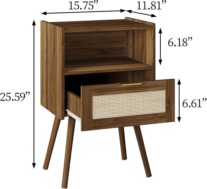 Rattan Nightstand,Modern Bedside Table with Storage Drawer and Open Wood Shelf, for Living Room, Bedroom and Small Spaces, Accent Night Stand with Solid Wood Legs, Easy Assembly,Walnut Brown-Ruum Studio Home