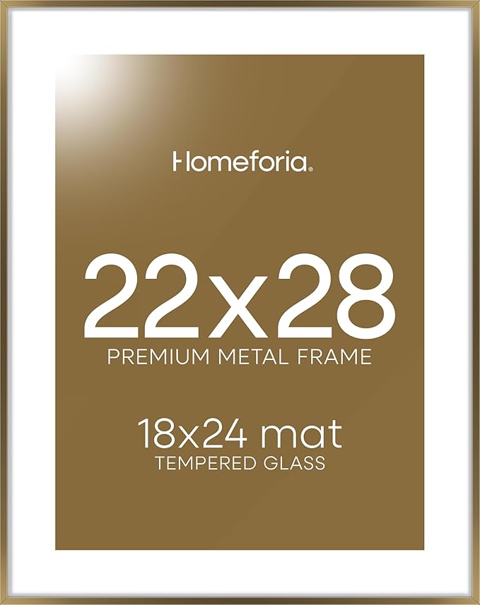 Homeforia 22x28 Picture Frame Bronze, High End Metal 22 x 28 Large Poster Frames with Mat 18 by 24 Photo, 22x28 Brass Frame Matted to 18x24 Print, 28x22 Thin Frames, Tempered Glass, Wall Kit, Set of 1-Ruum Studio Home