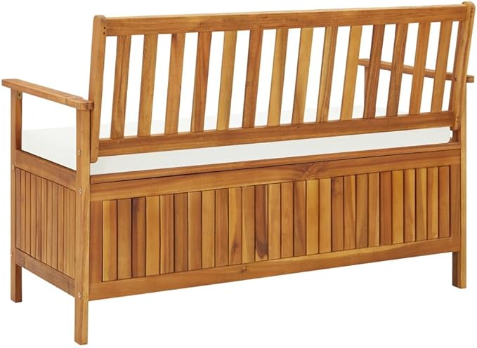 vidaXL Solid Acacia Wood Outdoor Storage Bench with Backrest, Armrests, and Cushion - 47.2"x24.8"x33.1" Rustic Patio Furniture with Large Storage Compartment-Ruum Studio Home