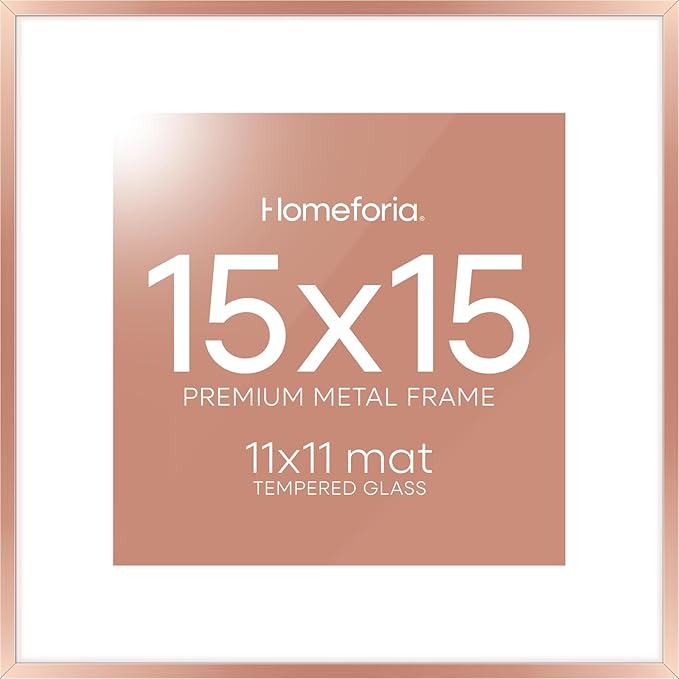 Homeforia 15x15 Picture Frame Rose Gold, High End Metal 15 x 15 Square Poster Frame with Mat 11 x 11 Photo, 15x15 Frame Matted to 11x11 Print, 15by15 Hanging Frames, Tempered Glass, Wall Kit, Set of 1-Ruum Studio Home