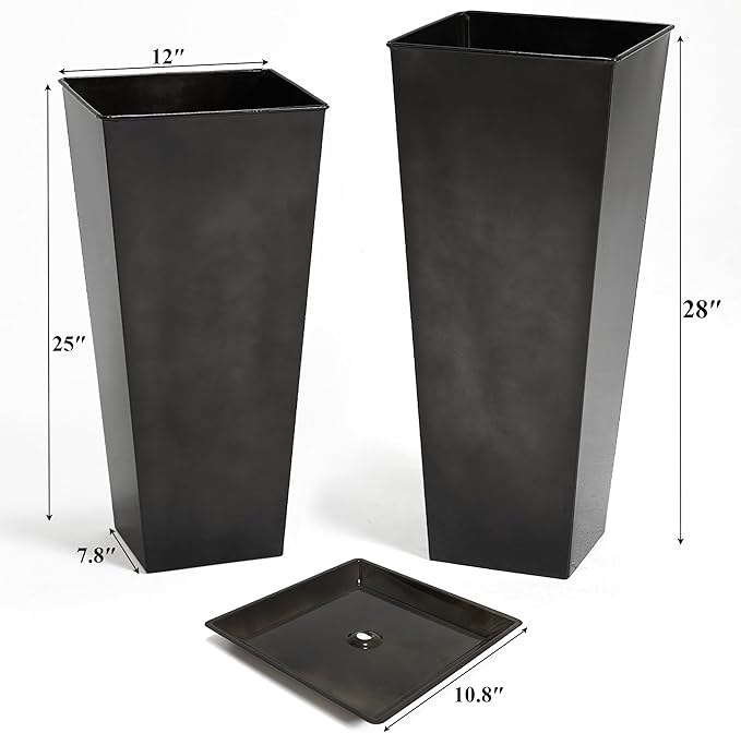 WORTH Garden Large Metal Glazed Planter Set of 2 (25" + 28"), Luxurious Glossy Finish Black Tall Square Tapered Steel Plant Pot, Decor Flower Pot Indoor & Outdoor, Drainage Hole & Dual-Purpose Saucer-Ruum Studio Home