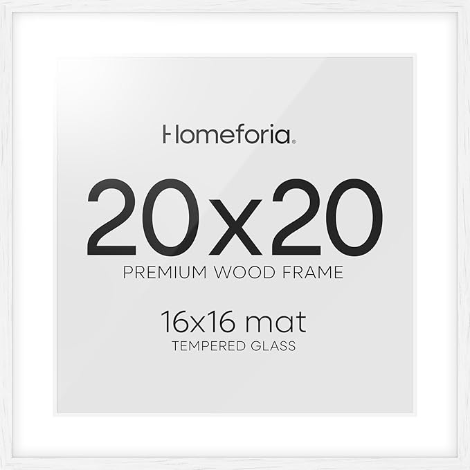 Homeforia 20x20 White Picture Frame, High End Oak 20 x 20 Square Wood Frames with Mat 16 by 16 inches Photo, 20by20 White Wooden Poster Frames Matted to 16x16 Print, Tempered Glass, Wall Kit, Set of 1-Ruum Studio Home