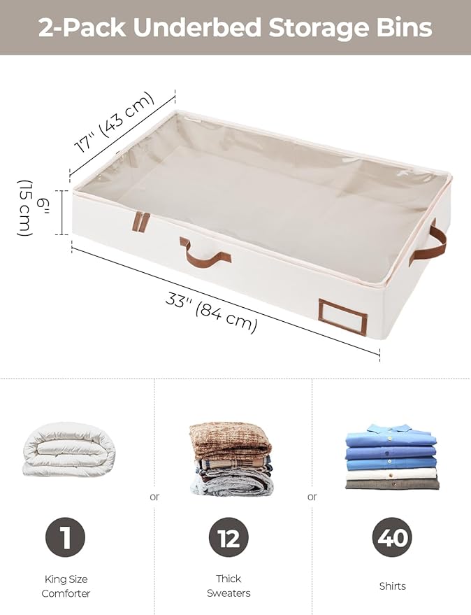 StorageWorks Large Under Bed Storage Containers with Handles and Label Holder, 2 Pack Ultra-thick Fabric Underbed Bins, Closet Organizer for Clothes, Blankets, Sweater-Ruum Studio Home