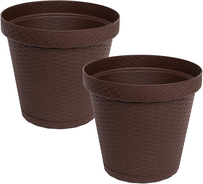 Elly Décor Set of 2 12 inch Round Saucer Modern Self Watering Planter Plates, Pots with Rattan-Like Finish, 12x12 Chocolate Brown-Ruum Studio Home