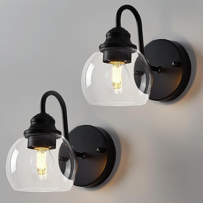 Farmhouse Gooseneck Wall Sconces Set of Two, Bathroom Vintage Black Vanity Light, Rustic Indoor Wall Light Fixtures with Clear Glass for Bathroom Beside Mirror Living Room Hallway-Ruum Studio Home