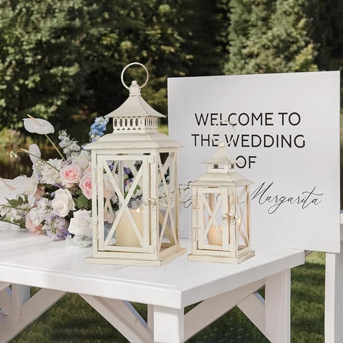 Lanterns Decorative Outdoor&Indoor, Set of 2 (14"&10") Beige Metal Lantern Decor with Glass, Candle Holder for Porch, Patio, Garden, Balcony, Wedding, Table Centerpiece-Ruum Studio Home