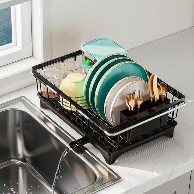 Expandable Dish Drying Rack in Sink, Adjustable Stainless Steel Rustproof Grip Handles Dish Rack Over The Sink, Dish Strainer with Drying Tray & Utensil Holder-Ruum Studio Home