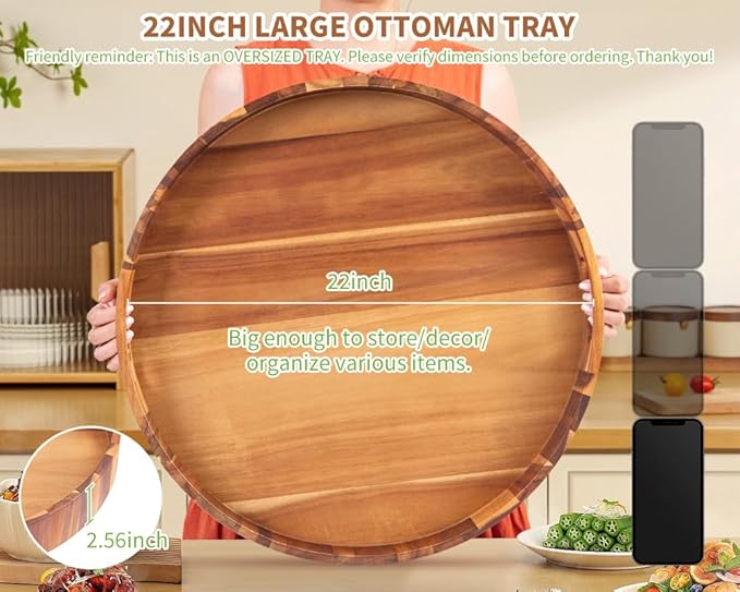 Extra Large Round Ottoman Coffee Table Tray, 22" Big Kitchen Serving Trays for Huge Ottoman Counter Giant Decorative Organizer, Huge Wood Serveware Tray with Built-in Handle for Big Job-Ruum Studio Home