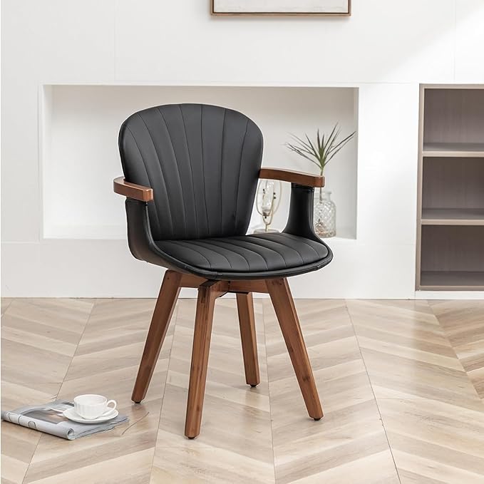 LUNLING Swivel Dining Chairs, Mid Century Modern Black Faux Leather Kitchen Chairs with Arms,Bamboo Legs Side Chairs No Wheels,Accent Chair for Dining Rooms and Offices,1PCS-Ruum Studio Home