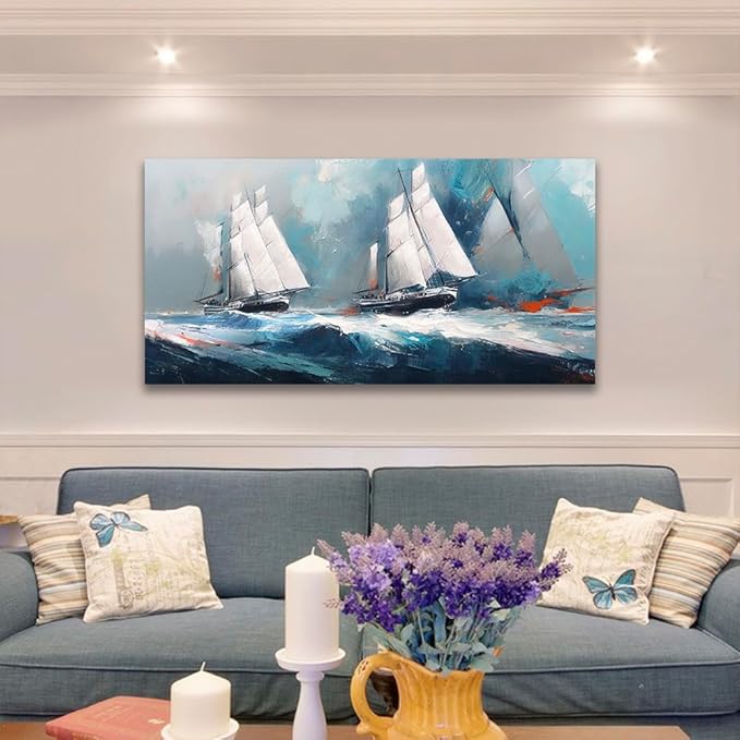 RUISHI Ocean Wall Art For Living Room Abstract Sailboat Canvas Nautical Painting Teal Blue Textured Print Coastal Themed Picture Artwork for Bedroom Bathroom Home Office Decoration 40L x 20W-Ruum Studio Home