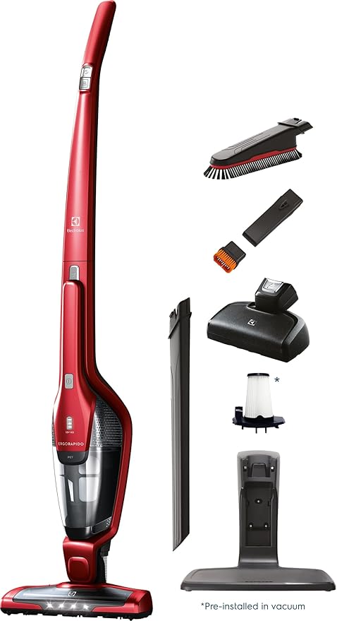 Electrolux Ergorapido Pet Cordless 2-in-1 Vacuum Cleaner with Motorized Pet Nozzle for Easy Pet Hair Removal, 48-Minute Run Time, 2 Power Modes, Chili Red-Ruum Studio Home