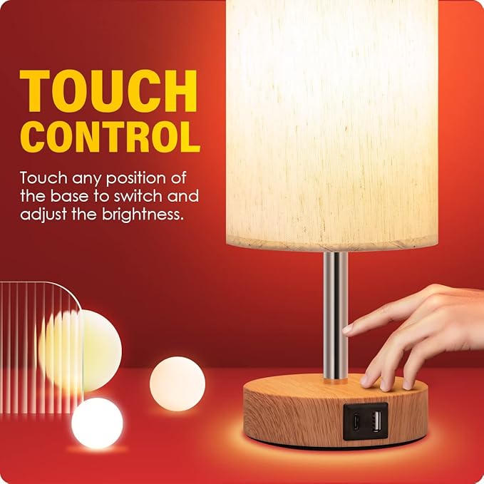 Yarra-Decor Bedside Lamp with USB A+C Port - Touch Control Table Lamp for Bedroom Wood 3 Way Dimmable Nightstand Lamp with Round Flaxen Fabric Shade for Home Office (LED Bulb Included)-Ruum Studio Home