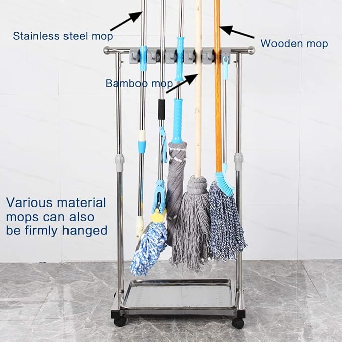 movable mop broom holder put wet mops floor standing cleaning tool rack stainless for schools, hospitals, factories, hotels, restaurant, etc.-Ruum Studio Home