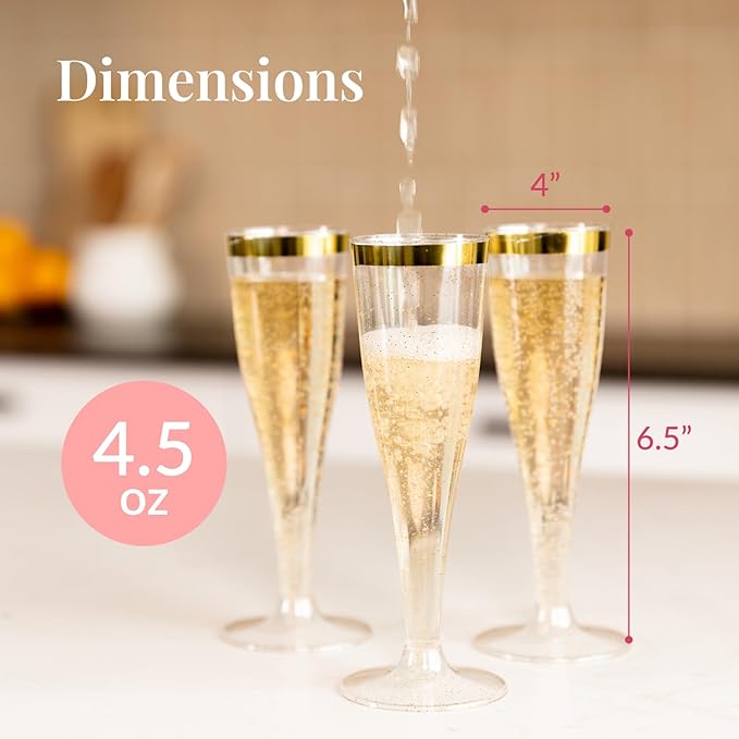 Prestee Set of 24 Plastic Champagne Flutes with Gold Rim - 4.5 oz - Shatterproof Disposable Glasses for Weddings, Cocktail Parties, and Outdoor Celebrations-Ruum Studio Home