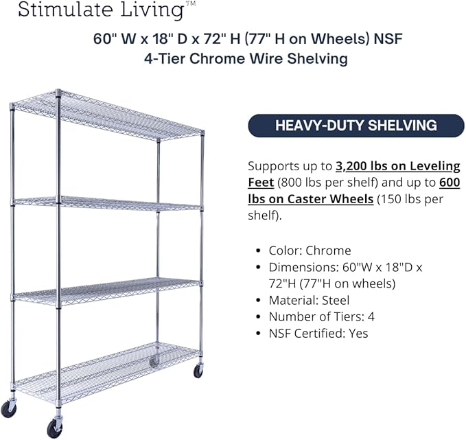 60"x18"x72" Prime Heavy Duty Chrome 4-Tier Wire Shelving NSF 3200 LBS MAX Capacity Storage Rack for Commercial, Hospital, School, Garage, and Kitchen Uses (with Wheels)-Ruum Studio Home