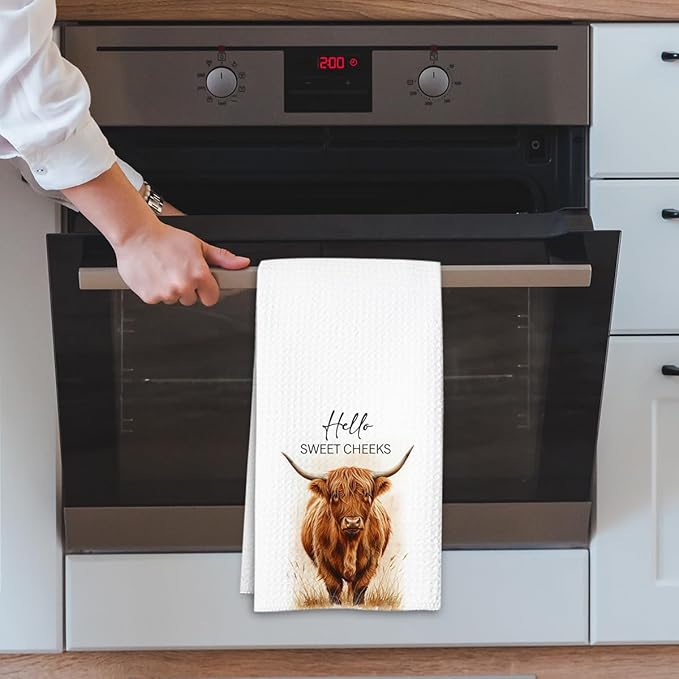 Highland Cow Farmhouse Hand Towels for Bathroom Kitchen Decor | Waffle Weave Microfiber Dish Towel Set | Hello Sweet Cheeks Farmhouse Cow Decorative - A01-Ruum Studio Home