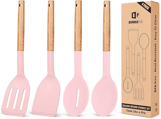 Pack of 4 Silicone Cooking Utensils Set, Non Stick Solid Spatulas and Heat Resistant Slotted Spoons with Wooden Handle, Ideal Wood Kitchen Utensils Set for Frying,Serving,Turning,Stirring (PINK)-Ruum Studio Home