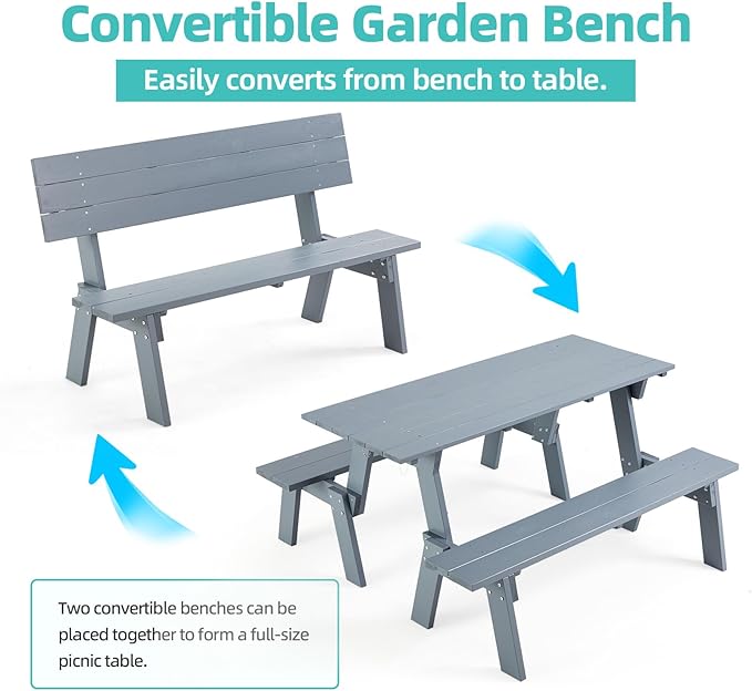 AVAWING Outdoor Convertible Wood Bench with Backrest, Patio Wood Convert a Bench, Space-Saving 2-in-1 Picnic Table Chairs Set for Backyard, Porch, Patio, Garden, Grey-Ruum Studio Home