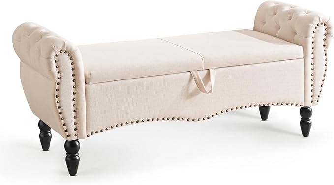 Furniliving Storage Ottoman Bench for Bedroom, Upholstered End of Bed Bench with Solid Wood Legs Modern Shoe Storage Bench Indoor Bench for Living Room Entryway Bench Furniture,Beige, Linen-Ruum Studio Home