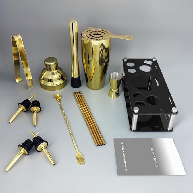 14-Piece Cocktail Shaker Set Bartender Kit with Black Stand, Bar Tool Set for Drink Mixing Bartending Kit Bar Sets Accessories: 750ml(25oz) Shaker, Jigger, Muddler, Cocktail Recipes (Gold)-Ruum Studio Home