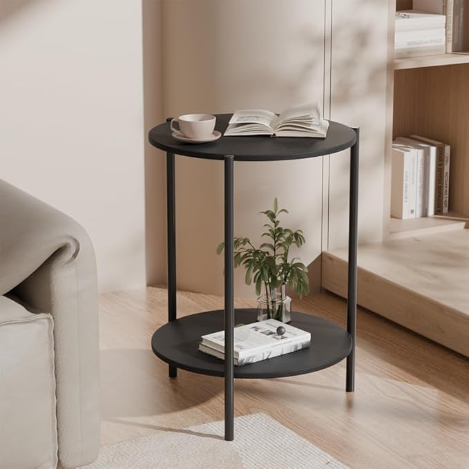 Side Table, Round End Table with 2-Layer Storage Rack, 15.7" Small Spaces Circle Table, Metal Frame Design Small Side Tables, for Living Room, Bedroom, Black-Ruum Studio Home