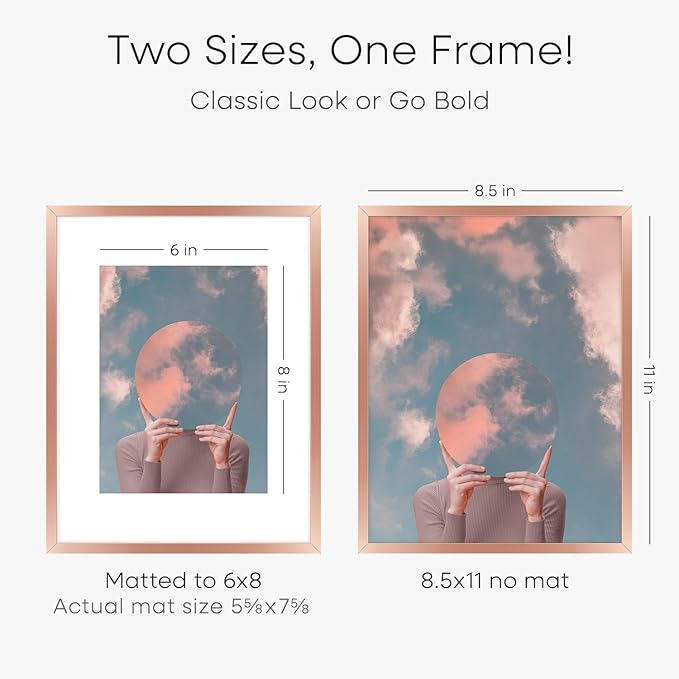 Homeforia 8.5x11 Rose Gold Frame, High End Metal 8.5 x 11 Picture Frames with Mat 6 by 8 inch Photo, 11x8.5 Poster Frame Matted to 6x8 Print, Wall or Tabletop Frame, Tempered Glass, Wall Kit, Set of 1-Ruum Studio Home