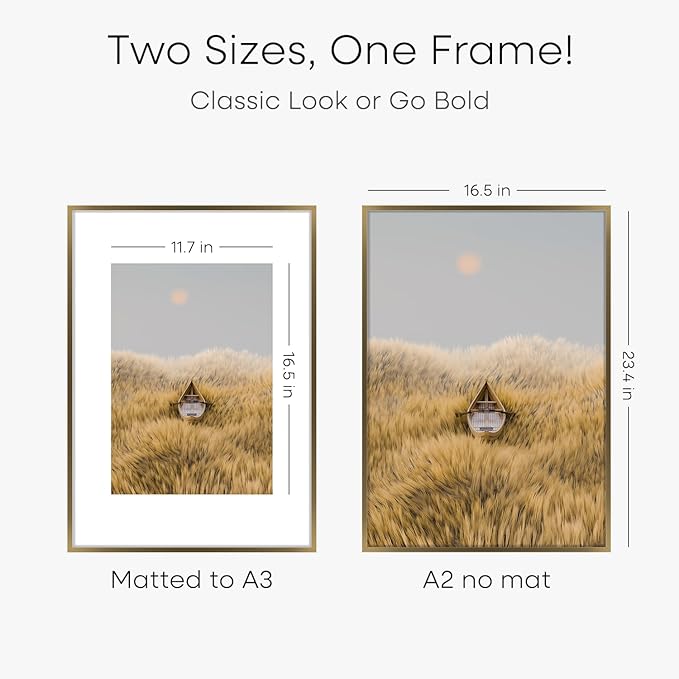 Homeforia A2 Picture Frame Bronze, High End Metal 16.5 x 23.4 inch Poster Frames with Mat 11.7 by 16.5 Photo, A2 Size Brass Frames Matted to A3 Print, 16.5x23.4 Hanging Frame, Tempered Glass, Set of 1-Ruum Studio Home